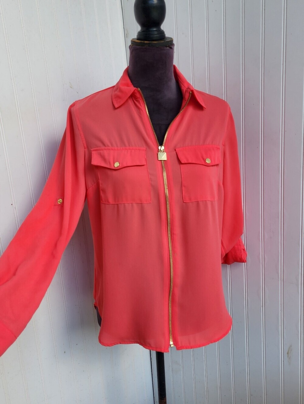 Michael Kors Womens Coral Full Zip Neck Blouse Gold Logo Roll Tab Sleeve Top S